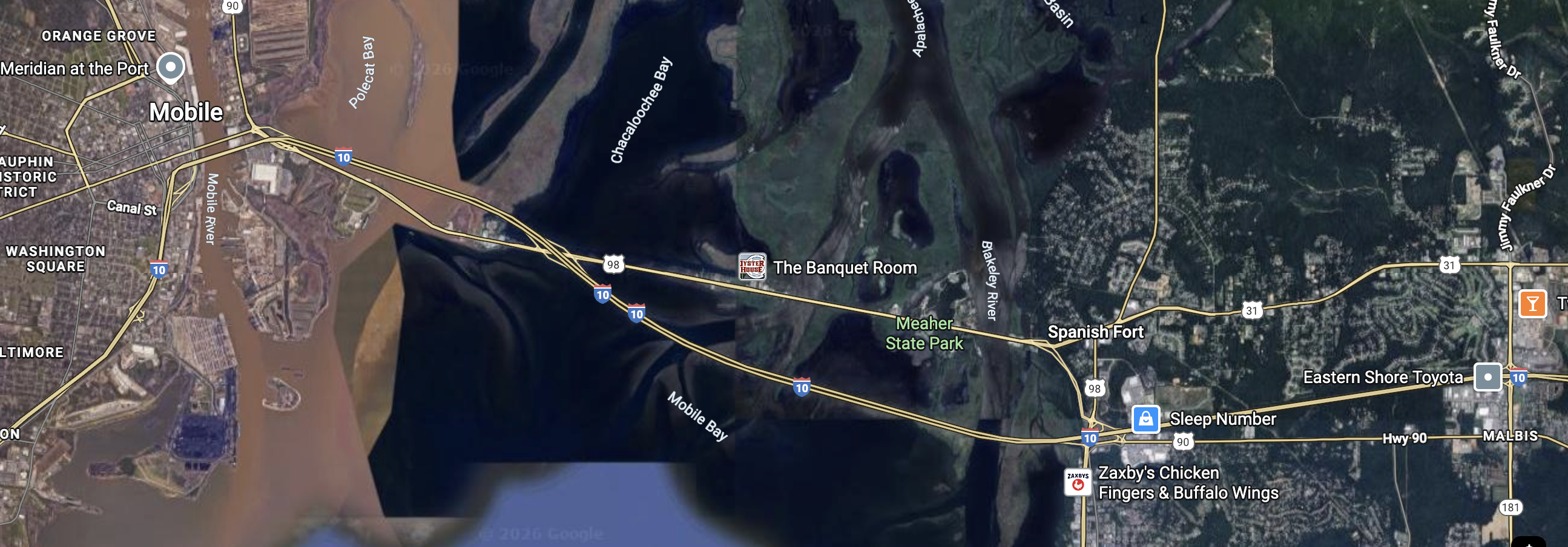 Map of the interstate and US highways running from Daphne/Spanish Fort to Mobile