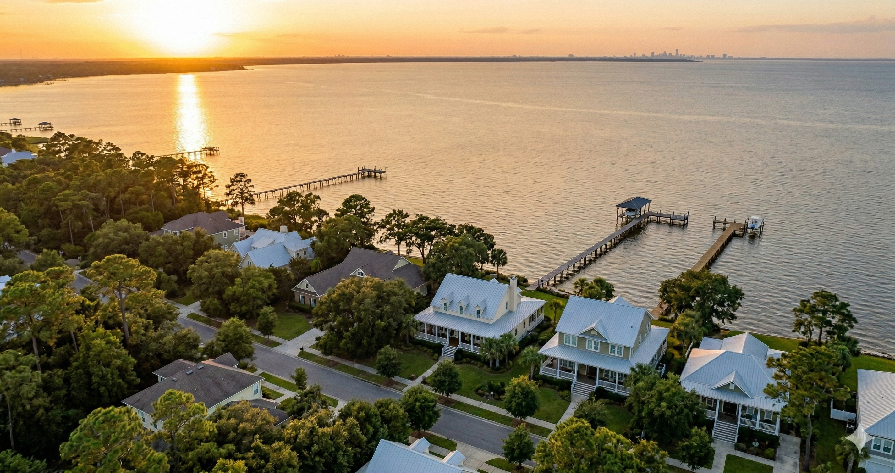 A wide-angle aerial photograph of a serene waterfront neighborhood in Baldwin County, Alabama, during a vibrant sunset. The image shows a row of elegant, coastal-style homes with metal roofs and wrap-around porches along a clean, tree-lined street. Private wooden piers extend into the calm water of Mobile Bay, which reflects the golden and amber hues of the sun. The distant skyline of Mobile is visible on the horizon under a soft, clear sky.