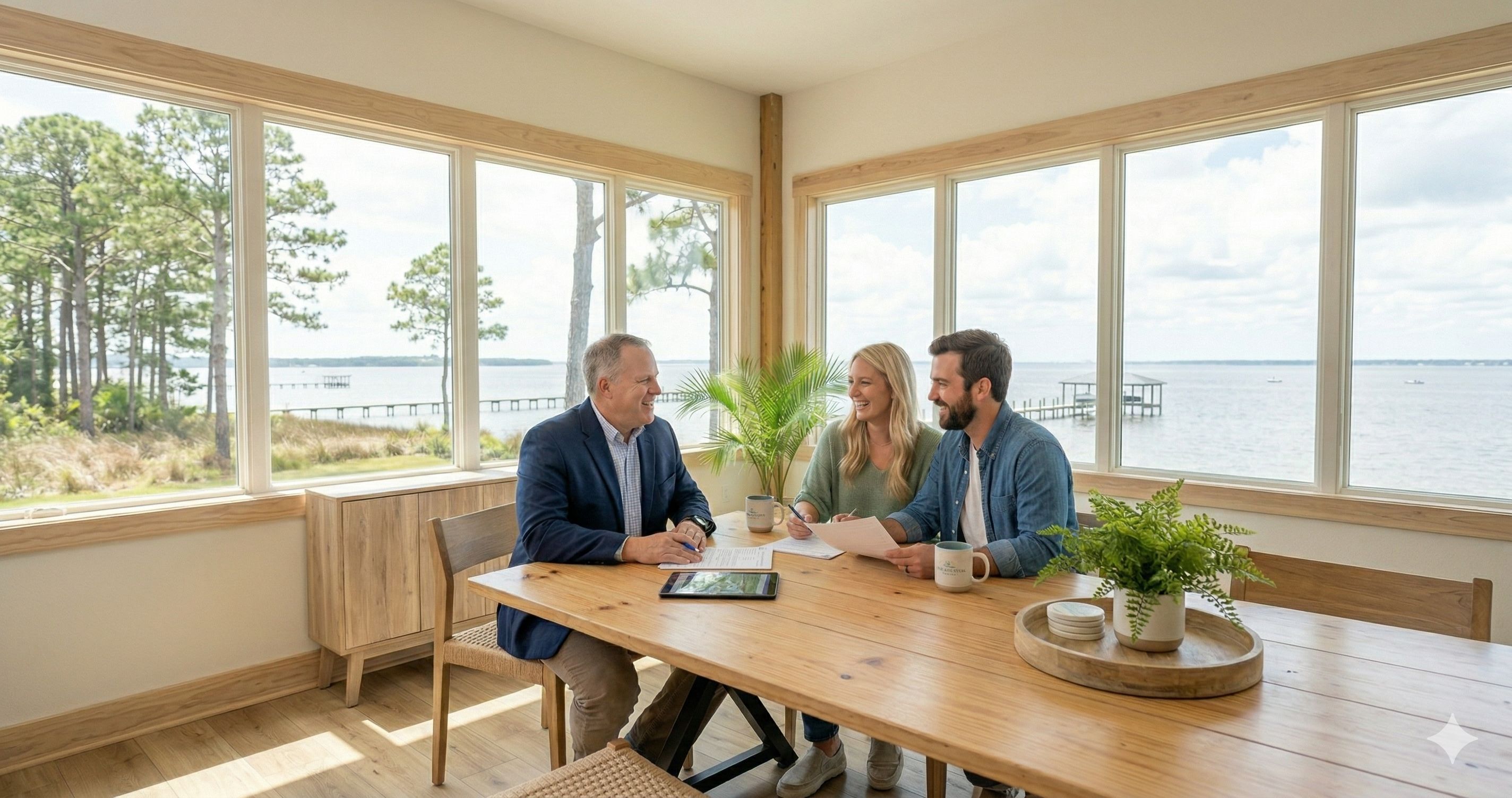 A friendly and professional real estate agent, matching the likeness of the man in the provided reference image, is seated across a clean, sunlit wooden table in a coastal Alabama office. He is smiling warmly and engaging with a young couple while reviewing property documents together. The bright, modern office features large windows overlooking Mobile Bay, creating a welcoming and trustworthy atmosphere.