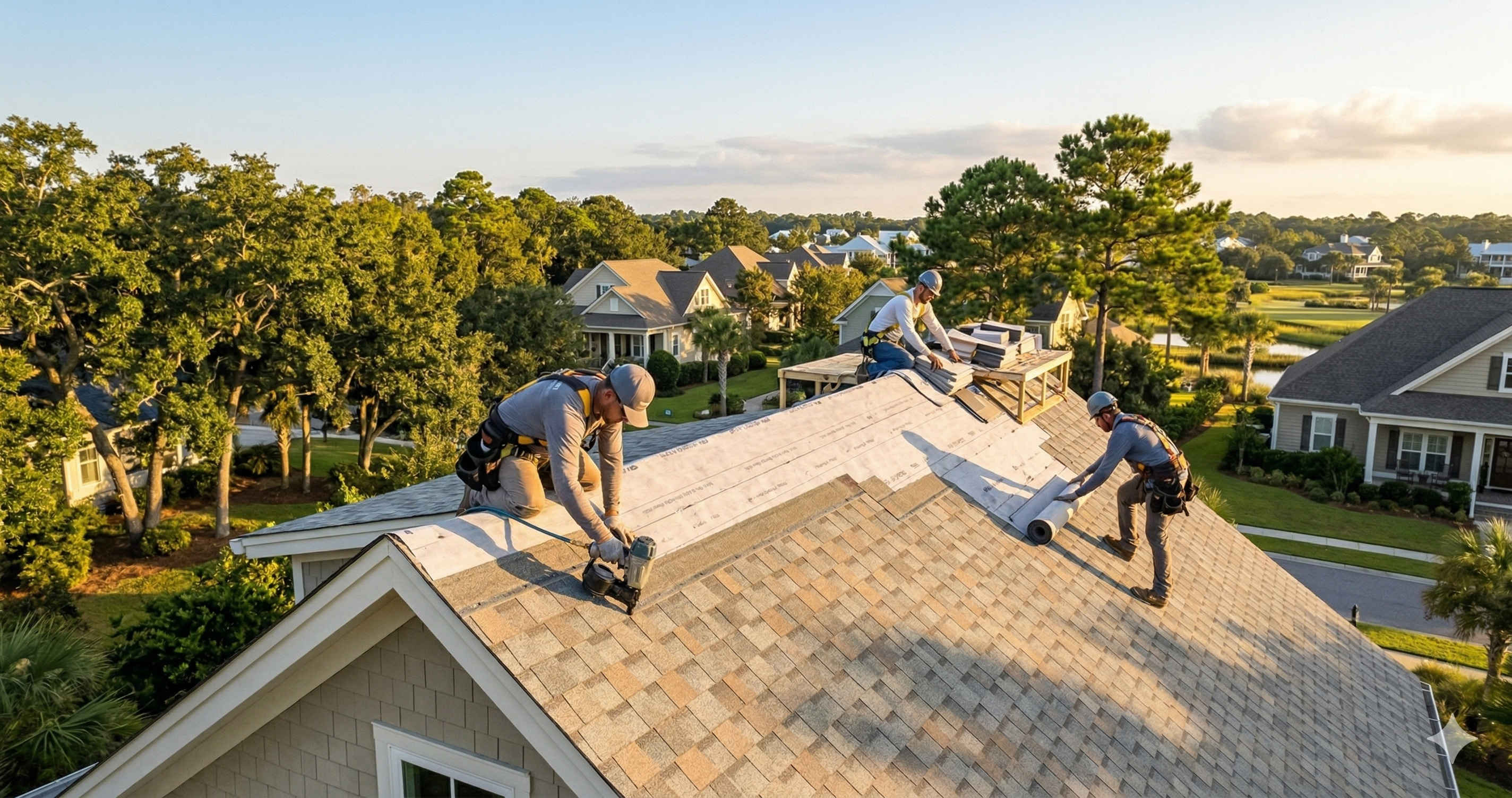A high-resolution, wide-angle landscape photograph of three professional roofers installing new architectural shingles on a multi-gabled home in a sun-drenched Alabama suburban neighborhood during late afternoon golden hour. The skilled crew, wearing safety gear, works carefully on a pristine new roof surface, communicating quality craftsmanship. The background features well-maintained homes with lush, mature trees and a clear, warm blue sky, consistent with image_13.png. The scene conveys durabilty and protection.